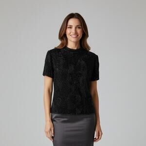 Papell Boutique Evening Beaded Sequin Silk Top Black Short Sleeve Size Small